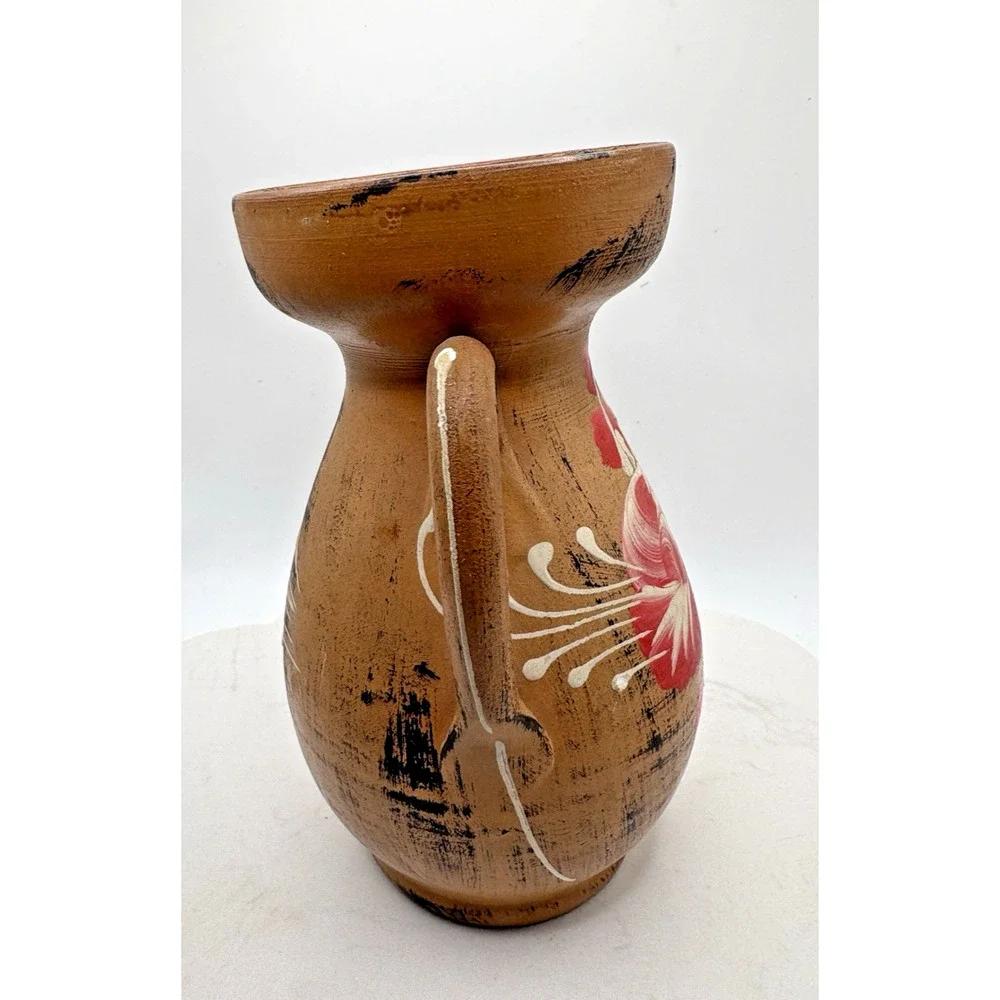 Vintage Double Handled Vase Made In Italy Clay Handmade Handpainted Rose Flower
